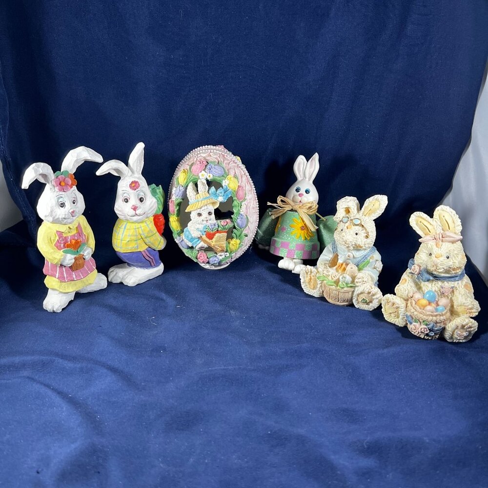 Set Of 6 Vintage Easter Bunny Figurines Ceramic & Resin Décor With Painted Detai